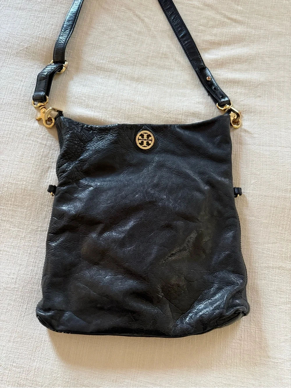 Tory Burch Black Leather Crossbody with Gold Logo
